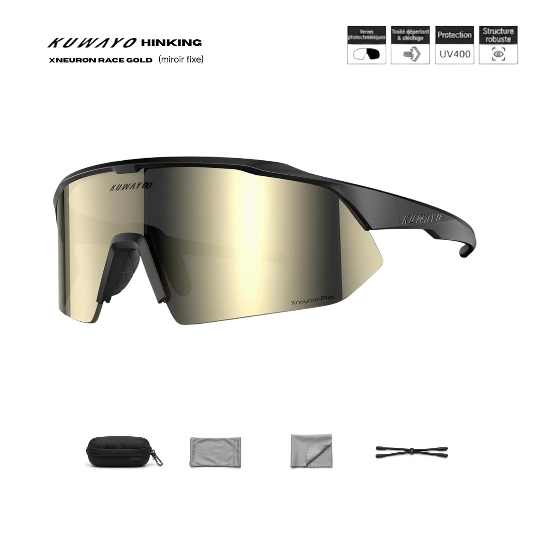 Kuwayo Xneuron Race Gold — monture noire, verre miroir fixe doré